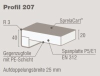 250 x 4100 mm (B x L) SPRELA Innenfesterbank Select, Farbe: weiß A 103 CR, Profil 207 mit Blende. Radius 3 mm, Träger Span E1 nach EN 16516, P5, Verklebung D3, Plattenstärke 20 mm, Schichtstoffstärke ca. 0,5 mm (Online: Anlieferung nur nach Absprache)