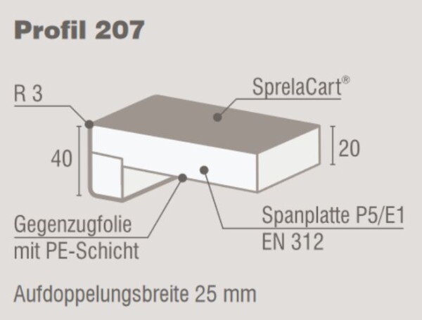 300 x 4100 mm (B x L) SPRELA Innenfesterbank Select, Farbe: Cool Grey 0191 CR, Profil 207 mit Blende. Radius 3 mm, Träger Span E1 nach EN 16516, P5, Verklebung D3, Plattenstärke 20 mm, Schichtstoffstärke ca. 0,5 mm (Online: Anlieferung nur nach Absprache)