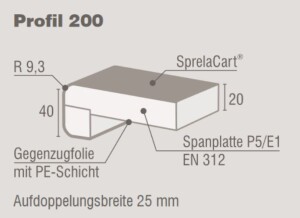 200 x 4100 mm (B x L) SPRELA Innenfesterbank Select, Farbe: Carrara Marmor 0990 CR, Profil 200 mit Blende. Radius 3 mm, Träger Span E1 nach EN 16516, P5, Verklebung D3, Plattenstärke 20 mm, Schichtstoffstärke ca. 0,5 mm (Online: Anlieferung nur nach Abspr