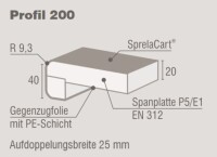 400 x 4100 mm (B x L) SPRELA Innenfesterbank Select, Farbe: Carrara Marmor 0990 CR, Profil 200 mit Blende. Radius 3 mm, Träger Span E1 nach EN 16516, P5, Verklebung D3, Plattenstärke 20 mm, Schichtstoffstärke ca. 0,5 mm (Online: Anlieferung nur nach Abspr