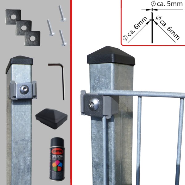 RECHTECKROHR-BASIS-PFOSTEN MIT KLEMMHALTERN Feuerverzinkt, 60 x 40 mm, Set inkl. Kunststoffkappe und Auflagenböcke, inkl. passenden Klemmhaltern und Schrauben, 2600 mm für Höhe 2030 mm