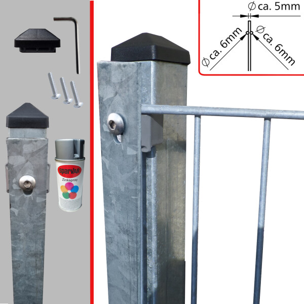 RECHTECKROHR-BASIS-PFOSTEN MIT FLACHEISENLEISTE Feuerverzinkt, 60 x 40 mm, Set inkl. Kunststoffkappe und Auflagenböcke, inkl. passenden Klemmhaltern und Schrauben, 2000 mm für Höhe 1430 mm