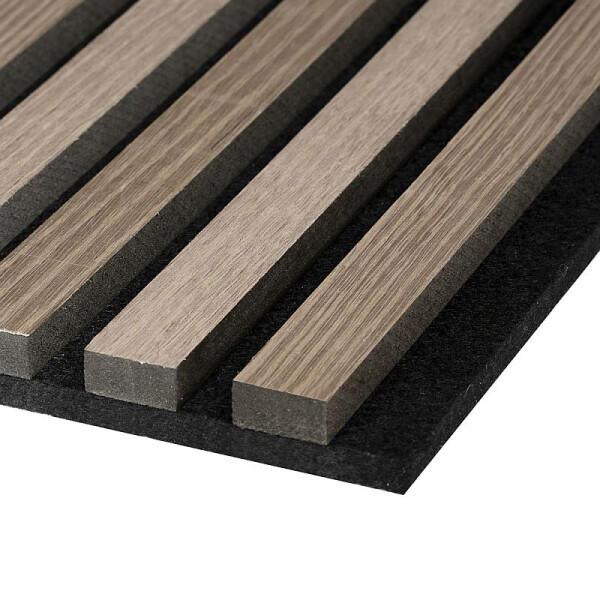 22 x 605 x 2440 mm Fibrotech Akustikpaneel Furnier Eiche grau, fugenloser Optik (9 mm PET Filzträger-schwarz / Lamelle: 12 x 25 mm MDF schwarz), VE: 1 St. / 1,48 qm (ca. 13,5 kg)