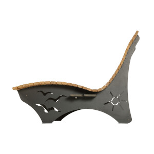 Das Waldsofa / Motiv: Sonne + Möwen, Auflage aus Kan. Lärche geh., 2 Untergestelle Stahl + Beschichtung / Oberfläche Grundiert / Pulverbeschichtet - DB 703 Anthrazit, Ablagedielen gegen Aufpreis, Format ca.: B 148 cm x H 50,5 / 107 cm x T 152 cm