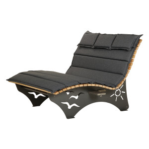 Das Waldsofa / Motiv: Sonne + Möwen, Auflage aus Kan. Lärche geh., 2 Untergestelle Stahl + Beschichtung / Oberfläche Grundiert / Pulverbeschichtet - DB 703 Anthrazit, Ablagedielen gegen Aufpreis, Format ca.: B 148 cm x H 50,5 / 107 cm x T 152 cm