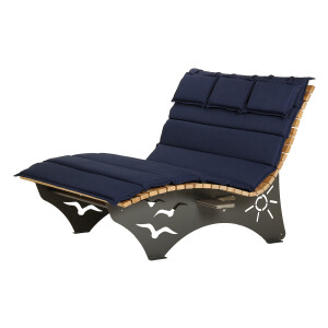 Das Waldsofa / Motiv: Sonne + Möwen, Auflage aus Kan. Lärche geh., 2 Untergestelle Stahl + Beschichtung / Oberfläche Grundiert / Pulverbeschichtet - DB 703 Anthrazit, Ablagedielen gegen Aufpreis, Format ca.: B 148 cm x H 50,5 / 107 cm x T 152 cm