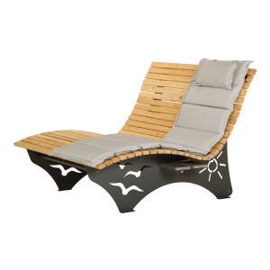 Das Waldsofa / Motiv: Sonne + Möwen, Auflage aus Kan. Lärche geh., 2 Untergestelle Stahl + Beschichtung / Oberfläche Grundiert / Pulverbeschichtet - DB 703 Anthrazit, Ablagedielen gegen Aufpreis, Format ca.: B 148 cm x H 50,5 / 107 cm x T 152 cm