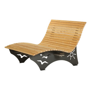 Das Waldsofa / Motiv: Sonne + Möwen, Auflage aus Kan. Lärche geh., 2 Untergestelle Stahl + Beschichtung / Oberfläche Grundiert / Pulverbeschichtet - DB 703 Anthrazit, Ablagedielen gegen Aufpreis, Format ca.: B 148 cm x H 50,5 / 107 cm x T 152 cm