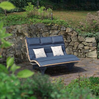 Das Waldsofa / Motiv: Sonne + Möwen, Auflage aus Kan. Lärche geh., 2 Untergestelle Stahl + Beschichtung / Oberfläche Grundiert / Pulverbeschichtet - DB 703 Anthrazit, Ablagedielen gegen Aufpreis, Format ca.: B 148 cm x H 50,5 / 107 cm x T 152 cm