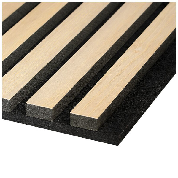 22 x 605 x 2440 mm Fibrotech Akustikpaneel Furnier Esche roh, fugenloser Optik (9 mm PET Filzträger-schwarz / Lamelle: 12 x 25 mm MDF schwarz), VE: 1 St. / 1,48 qm (ca. 13,5 kg)