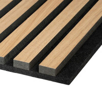 18 x 520 x 2440 mm Fibrotech Akustikpaneel Furnier Eiche roh, fugenloser Optik (9 mm PET Filzträger-schwarz / Lamelle: 9 x 25 mm MDF schwarz / Farbe mit Öl ändern ist möglich), VE: 1 St. / 1,27 qm (ca. 10,4 kg)