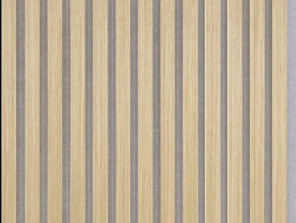 18 x 520 x 2440 mm Fibrotech Akustikpaneel Furnier Eiche roh, fugenloser Optik (9 mm PET Filzträger-grau / Lamelle: 9 x 25 mm MDF schwarz / Farbe mit Öl ändern ist möglich), VE: 1 St. / 1,27 qm (ca. 10,4 kg)