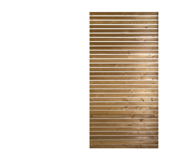 180 x 180 cm TMT Nordstrand RHOMBUS-Zaun DESIGN Abschluss RECHTS TMT Kiefer, waagerechte Rhombusleisten 26×68 mm aus thermisch modifizierter  iefer, verbunden mit 2 senkrechten 12 mm Aluminium-Rohr Art.- Nr.: RDT12