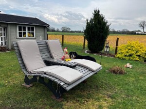 Das Waldsofa / Wellenliege, Motiv: Kreise (Holz: Accoya Color Gray - Durchgefärbt), 2 Untergestelle aus + Beschichtung / Oberfläche Grundiert + Pulverbeschichtet - DB 703 Anthrazit, Format ca.: B 148 cm x H 50,5 / 105 cm x T 152 cm, Aktion: 1499,- €
