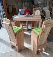 Bar-Set Plön Lärche/Douglasie groß 1x Tisch groß, 4x Hocker, alles rustikal geh. (ohne 4x Lehne), Wir empfehlen zusätzlich Holzschutz & Aceton gegen Harzaustritt, Gewicht: 115 kg, Art.-Nr.: 84007001 / JO