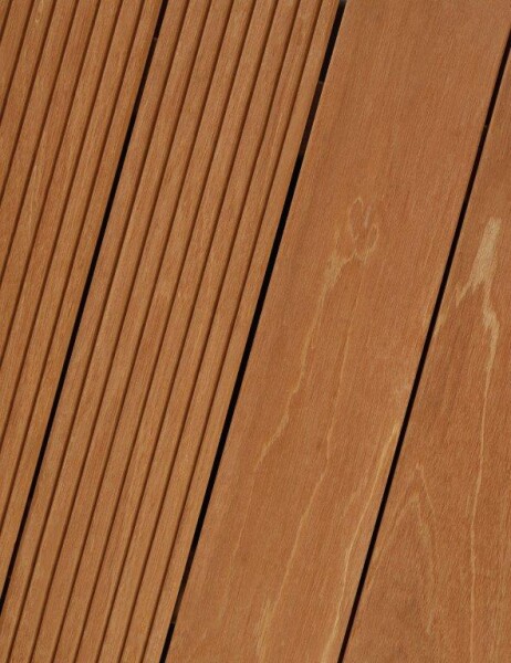 45 x 145 mm Bangkirai-Terrassendielen Glatt-/Trapezprofil, Blue Star Premium, KD ca. 16 % Dauerhaftigkeitsklasse 2 nach EN 350-2, Längen ab 244 bis 488 cm je nach Verfügbarkeit (Eingabe bei Bestellung / Menge = Lfm.)