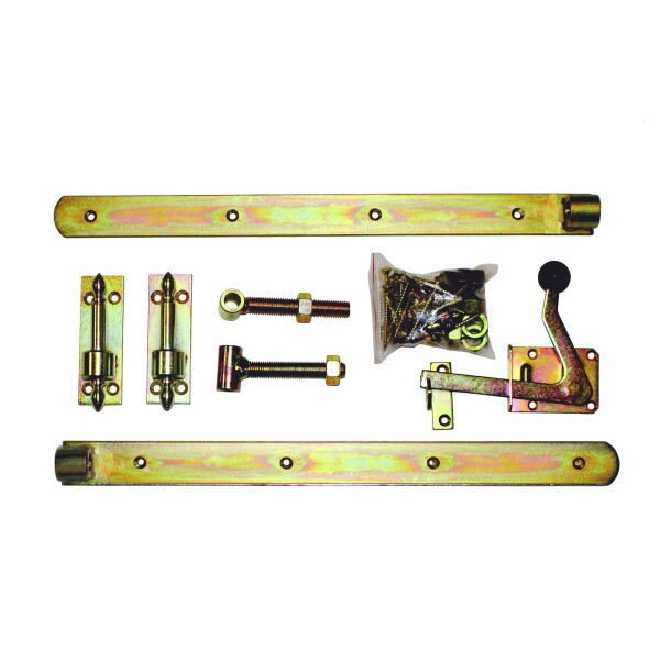 Einzeltor-Beschlag Premium, verzinkt, katonverpackt Überwurfbeschlag, für Torbreiten bis 1 mstabiles Metall, gelb verzinkt, im Karton verpackt, Lieferung inkl. aller Zubehörteile und Schrauben,  Art.-Nr.: T&J-17641