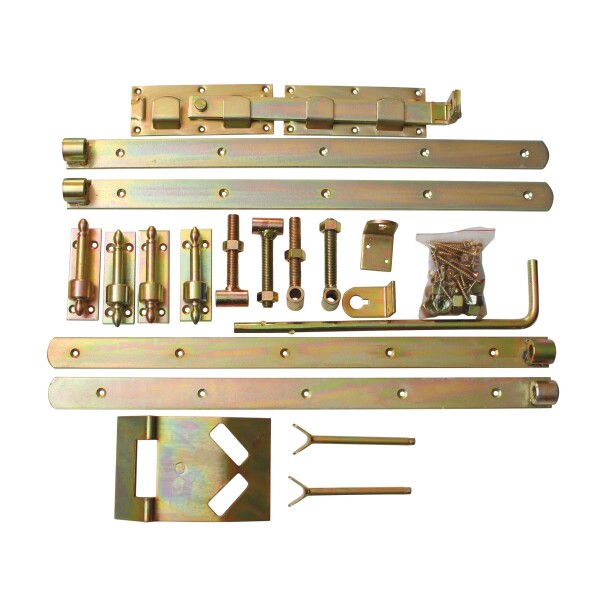 Doppeltor-Beschlag Premium, verzinkt, katonverpackt Überwurfbeschlag, für Torbreiten bis 3 mstabiles Metall, gelb verzinkt, im Karton verpackt, Lieferung inkl. aller Zubehörteile und Schrauben,  Art.-Nr.: T&J-17642