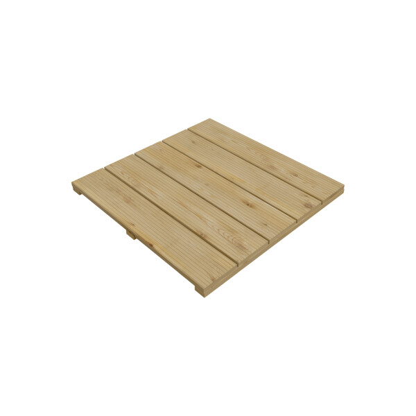 Holzfliese 50 x 50 cm, geriffelt, Lärchenholz 5 Bretter 16 x 90 mmHolzfliese 50×50 cm aus unbehandelter Lärche – 5 fein geriffelte Bretter 16×90 mm für natürliche Optik., Geklammertes Element – flexibel verlegbar & kombinierbar. Geeignet für Terrasse, Bal