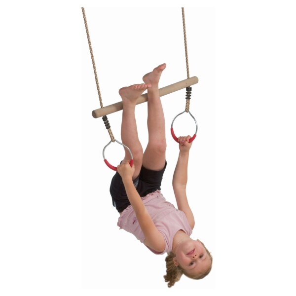 Schaukelstange mit Ringen, Hartholz, PP-Seil für Höhen von 205 - 240 cmSeile aus festem PP, für Höhen von 205 - 240 cm,  Art.-Nr.: T&J-22217