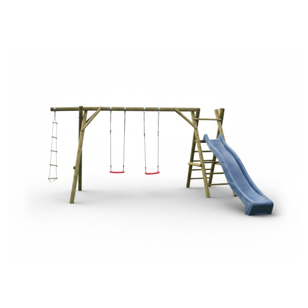 TOBI Spielanlage, B450 x T180 x H220 cm Rundhölzer 10 cm, Podesthöhe 145 cmStabile Spielanlage aus imprägniertem Rundholz Ø10 cm – wetterfest & langlebig. Sicherer Spielspaß für Kinder im eigenen Garten., DIY-Bausatz inklusive aller Montagekleinteile & An