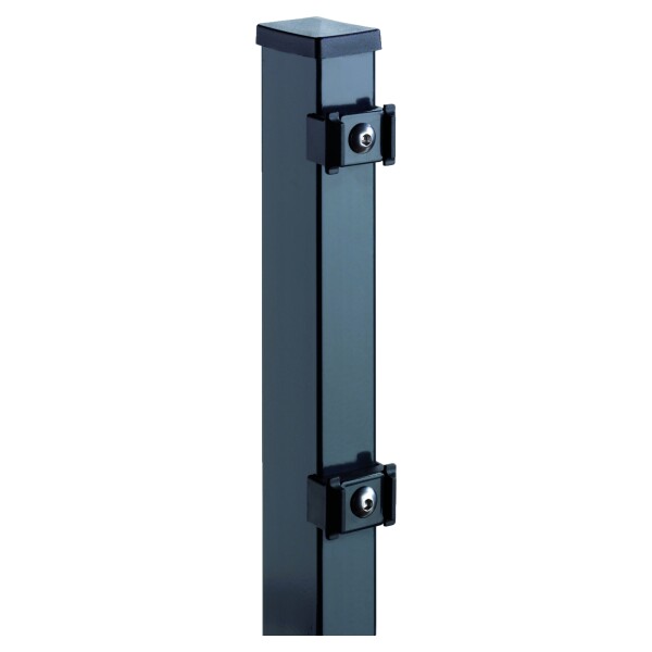 TOM ECK-Zaunpfosten RAL 7016 anthrazit, für 830 mm Zaun, RR60/40 x 1300 mm mit Klemmhalterzur Befestigung von Doppelstabmatten, inkl. Befestigungshalter für die Metallzäune,  Art.-Nr.: T&J-27292