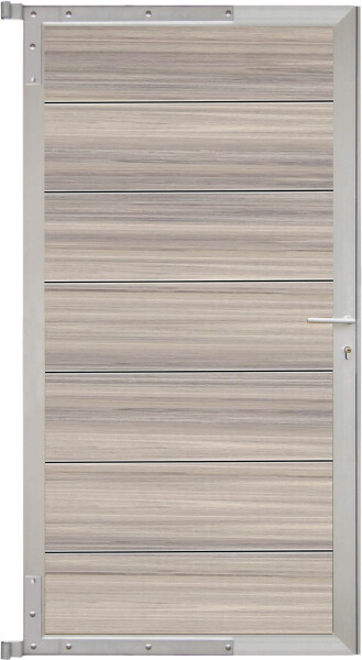 TJÖRN-Tor-Komplettset, 90 x 173 cm, Füllung AMETHYSTGRAU Rahmen SilberWPC-Steckzauntor „TJÖRN“ in amethystgrau/ silber, ideal für Ihren Außenbereich., Maße 90 x 173 cm – Perfekt dimensioniert für eine praktische und ästhetische Platzierung.,  Art.-Nr.: T&