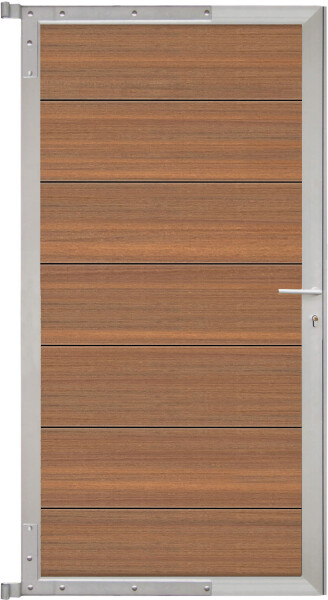 TJÖRN-Tor-Komplettset, 90 x 173 cm, Füllung MAHAGONI Rahmen SilberWPC-Steckzauntor „TJÖRN“ in mahagoni/ silber, ideal für Ihren Außenbereich., Maße 90 x 173 cm – Perfekt dimensioniert für eine praktische und ästhetische Platzierung.,  Art.-Nr.: T&J-44023