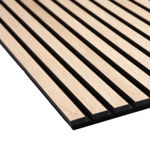 20 x 600 x 3000 mm Akustikpaneele Hotán®-Harmony Akustik Paneele Furnier Eiche, Vlies schwarz MDF-Streifen schwarz eingefärbt, Oberfläche Echtholz furniert, geschliffen 27×11mm, montiert auf 9mm Akustikvlies