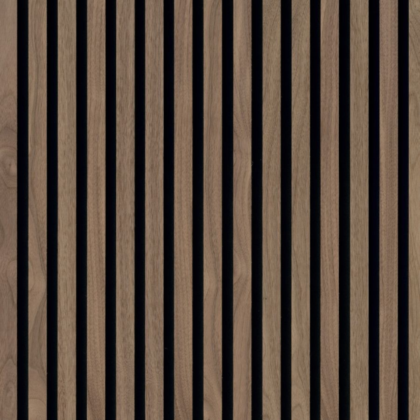 22 x 526 x 2600 mm Akustikpaneele Klangwunder Expert, Walnuss, roh, MDF schwarz eingefärbt, Filz schwarz, 1mm Echtholz-Furnier, Aufbau: 22 mm (MDF 12mm + 1mm Echtholz-Furnier + 9mm Filz)