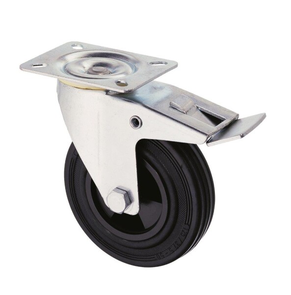 80 mm Vollgummi-Bremsrolle auf Kunststofffelge mit Rollenlager, schwarz, Tragkraft: 50 kg