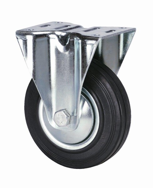 100 mm Vollgummi-Bockrolle mit Rollenlager und Fadenschutz, schwarz, Tragkraft: 70 kg