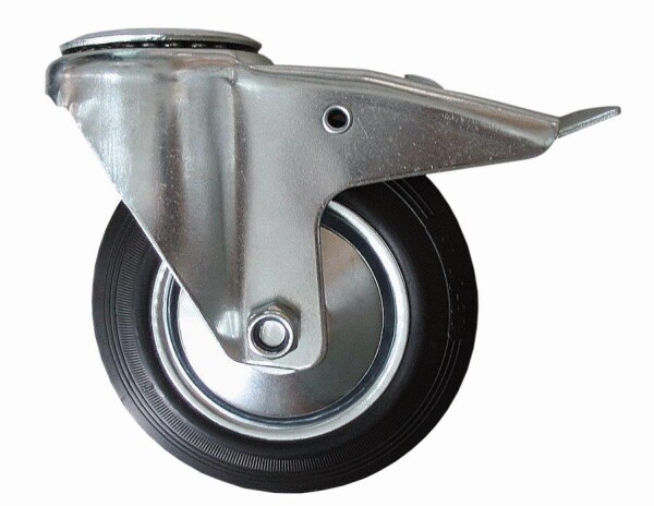 100 mm Vollgummi-Rückenloch-Bremsrolle mit Rollenlager und Fadenschutz, schwarz, Tragkraft: 70 kg