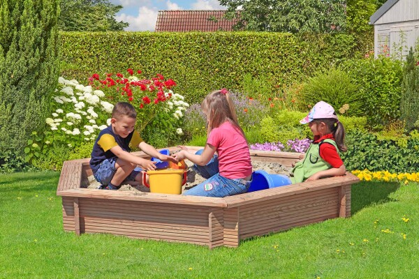 LINDA 6-eck Sandkasten, Lärche, Ø230x30cm, VE: 8, Art.-Nr.: 67054