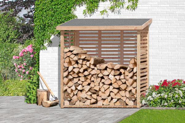Kaminholzregal KAMO L mit Rückwand, Lärche, 200x75x200, VE: 1, Art.-Nr.: 66018
