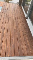 20 x 140 x 1870 mm aMbooo Terrassendiele Bambus INFINITY, Farbe: Bernstein-vorgeölt, Profil: Sichtseite handbehauen - Rückseite fei genutet, mit längsseitiger Kopfspundung (Abr. nach Lfm.)